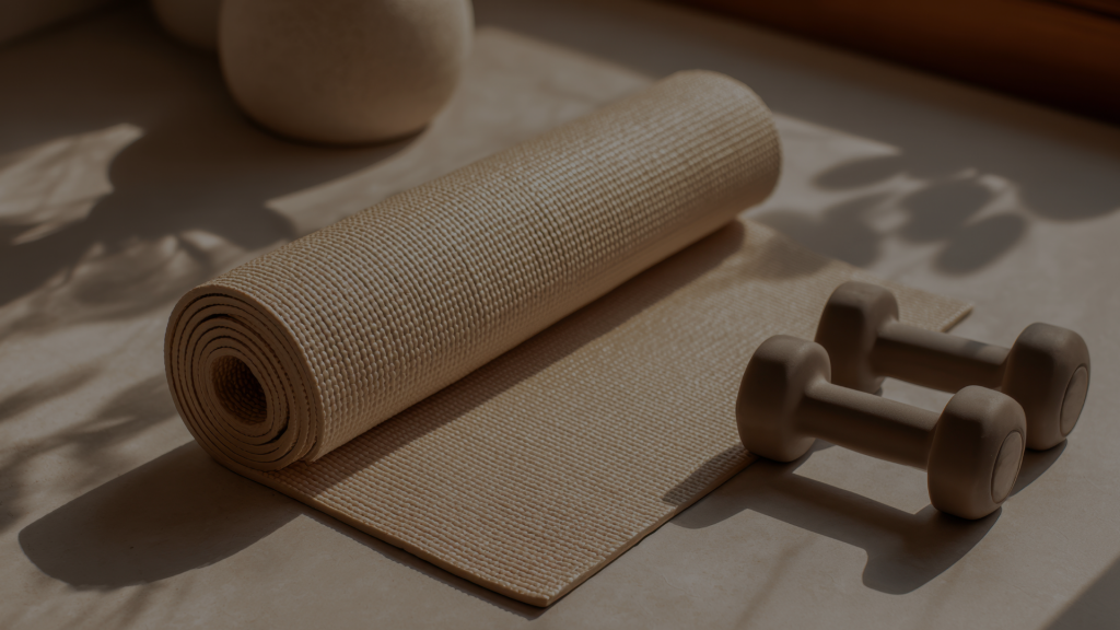 tapis de yoga au sol avec des haltères posées à côté